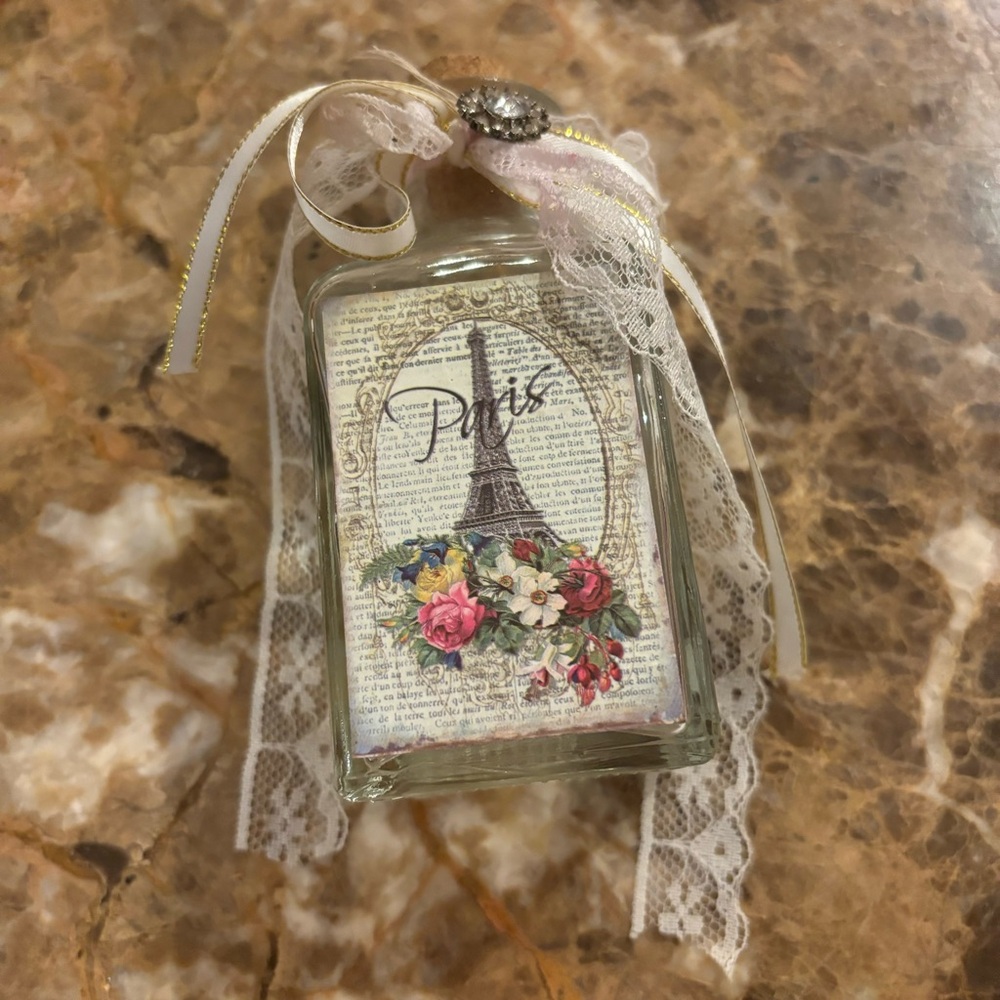 Decorative Antique Paris Glass Bottle with Lace and Ribbon